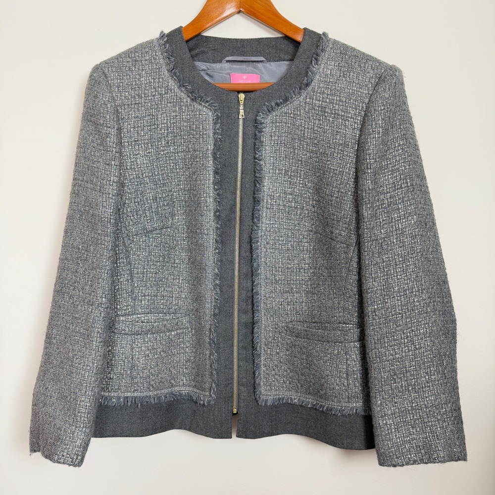 Basler Women 16 EU 42 Gray Boucle Virgin Wool Blend Metallic Fringe Jacket